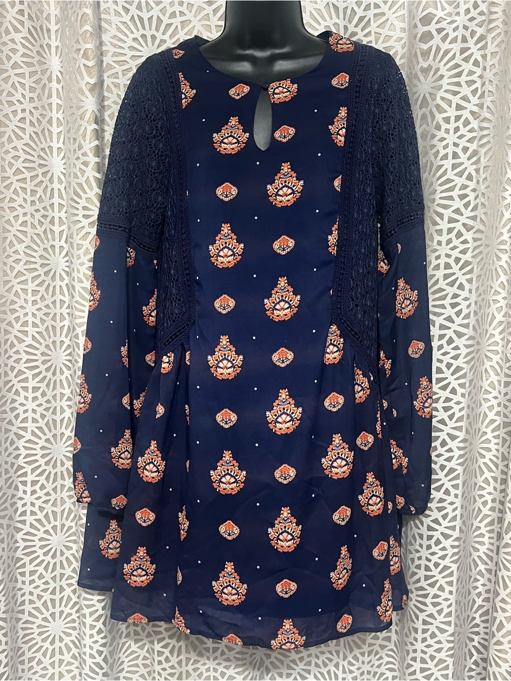 Miss Me Boho lace Peasant Dress Navy Orange